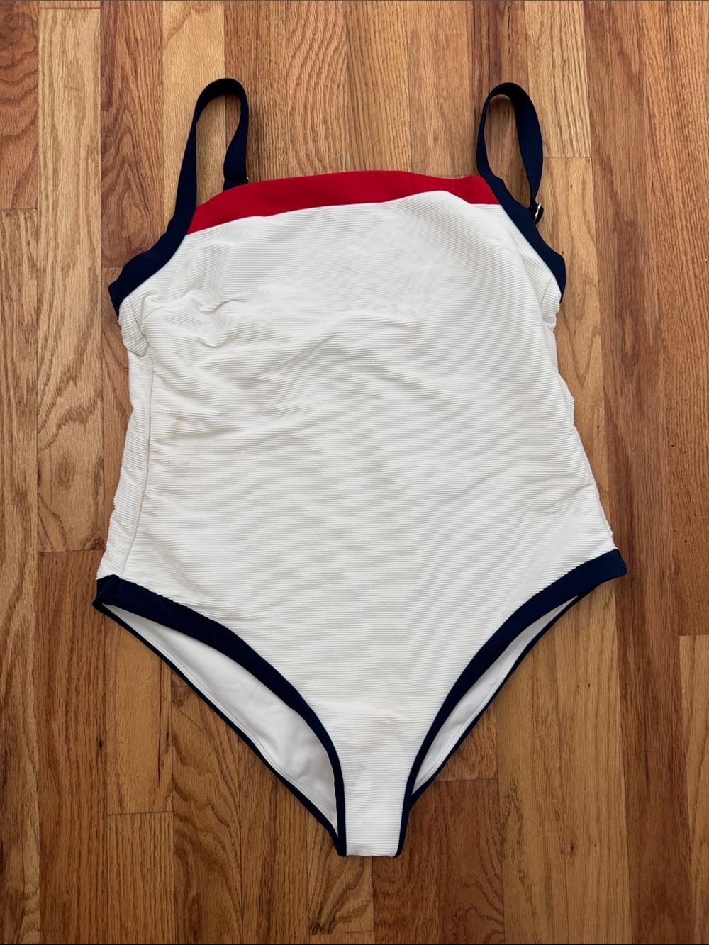 Target brand Shade & Shore White One-Piece Swimsuit with Navy Trim and Red Band